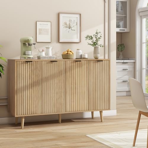LYNCOHOME Fluted Sideboard Cabinet, Buffet Cabinet with 4 Doors, Kitchen Storage Cabinet with Solid Wood Feet for Kitchen, Dining Room, Hallway, Nature