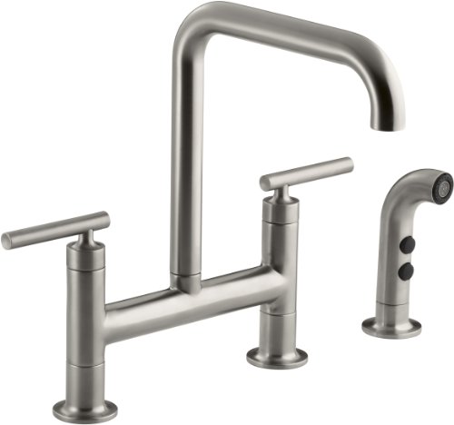 KOHLERK-7548-4-VS Purist Deck-Mount Bridge Faucet with Sidespray, Vibrant Stainless