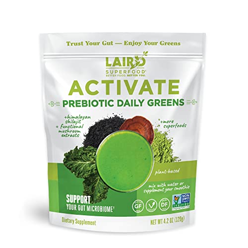Laird Superfood Activate Prebiotic Daily Greens Powder Drink Supplement, Himalayan Shilajit Powder and Functional Mushrooms, Supports Gut Microbiome, 4.2 Oz Bag, Pack of 1