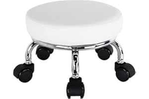 WKWKER Modern Roller Seat PU Leather Low Round Rolling Stool 360 Swivel Small Stool with Universal Caster Wheels for Home Office Garage Shop Fitness Sport H8.6" (White)