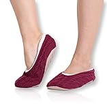 Pembrook Ladies Cable Knit Slippers – Cherry - Medium (7-8) – Ballet Style with Non-Skid Sole - Faux Shearling Lining and Suede Sole - Great Plush Slip On House Slippers for adults, women, girls