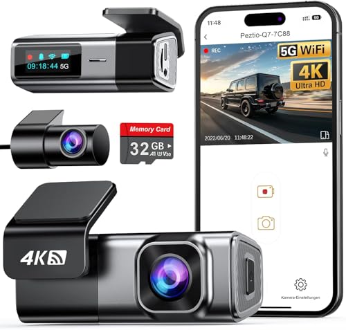 Dashcam Auto Vorne Hinten 4K+1080P, 5GHz WiFi Dash Cam mit 32GB SD Karte