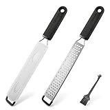 Lemon Zester & Cheese Grater (2 Piece Set) - LEMCASE Kitchen Tools and Gadgets for Citrus Chocolate Ginger Fruit Vegetable, Silicone Grips, Stainless Steel Blades with Protective Cover, Black