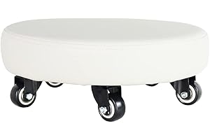 WKWKER Modern Roller Seat 360° Rotating PU Leather Rolling Stool Floor Stools with Universal Caster Ottoman Step Stools Fitness Sport H：4.7" Swivel Wheels for Home Garage Shop (White)