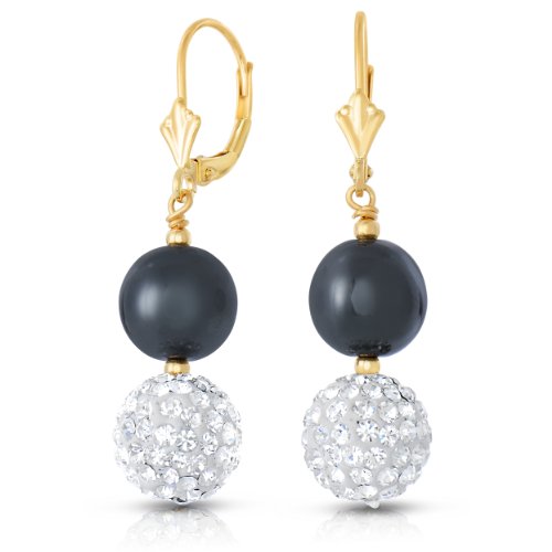 14k Gold Crystal Disco Ball & Hematite Stone Drop Lever-back Earrings (yellow-gold)