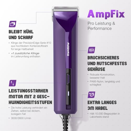 FuzzyFix Hundeschermaschine Profi mit Kabel und Metall-Aufsteckkämme,3m Kabel,Läuft kühl und leise, mit Rutschfestes, Bruchsicheres Gehäuse für Dickes, Langes und Lockiges Tierhaare Fell