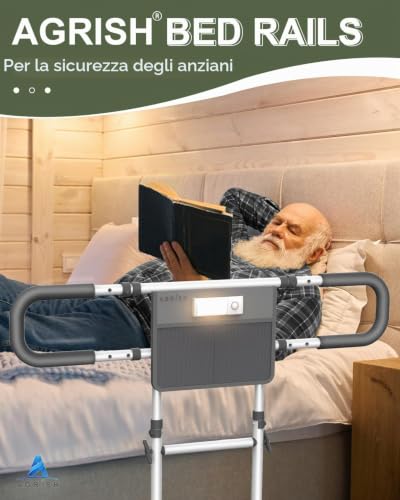 Agrish Bed Rail with Riser Handle and LED Light | Adjustable, with storage pocket and fits double and king size beds; ideal for seniors, convalescents and disabled
