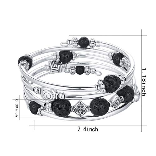 Pearl&Club Beaded Bangle Wrap Lava Bracelet - Fashion Jewelry Multilayer Charm Bracelet with Thick Silver Metal Beads, Gift for Women and Girls (Lava Bracelet)