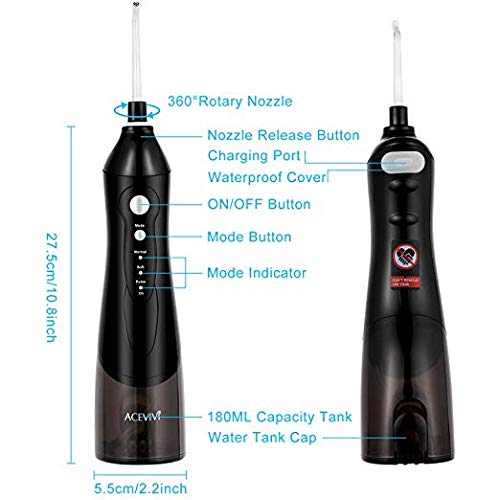 ACEVIVI Water flosser Oral Irrigator for Teeth with 4 Jet tips Cordless Rechargeable Portable Power Dental Flosser 180ml, Black