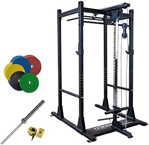 Rugged Fitness Power Rack Y100 with LAT, Bumper Set, Barbell
