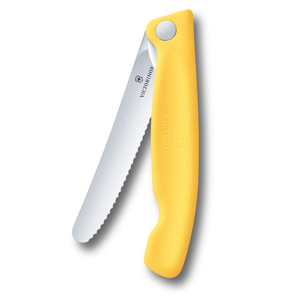 Victorinox Swiss Classic Faltbares Picknick-Messer für Wanderungen, Obst, Gemüse, Brötchen, Wurst, mit Wellenschliff, Extra Scharf, Gelb