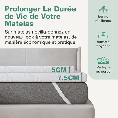 Novilla Surmatelas 160x200, 5CM, Surmatelas en Mousse à Mémoire de Forme Gel, Mousse en Matériau Bambou, Évacuation de L'humidité, Avec Design Antidérapant et Certification de Sécurité, Lavable | 2" Memory Foam Mattress Topper, Machine Washable Cover, 4 Elastic Fastening Straps