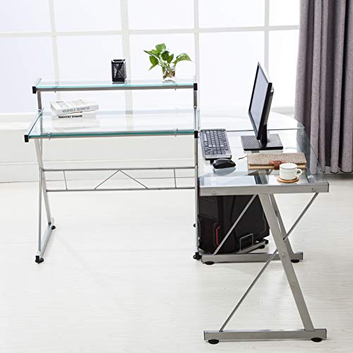 Mecor L-Shaped Corner Computer Desk with Shelf & Stand, Glass Laptop PC/Computer Table Workstation Home Office Furniture, Glass & Metal, Clear