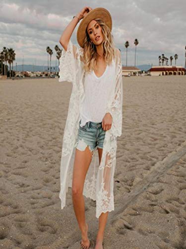 Womens Kimono Cardigan, Women Lace Bohemian Beach Long Oversized Kimono Coat (White, Free Size) - Thumbnail 4