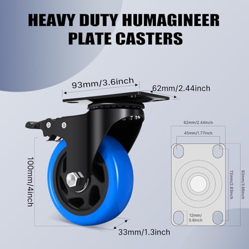 Humagineer Heavy Duty Furniture Wheels with 4 Double Brakes 100 mm, 800 kg Swivel Casters, Silent and Durable Polyurethane Casters, Moves Furniture with Wheels for Trolleys, Trolleys, Set of 4