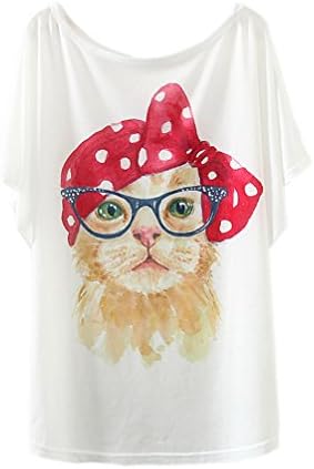 RieKet Womens Fashion Bat Sleeves Casual Cute T Shirt Loose Tops (BowCat, Free)