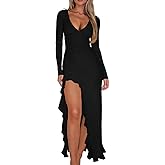 XXTAXN Women's Sexy Elegant V Neck Long Sleeve Ruffle Hem Split Party Prom Maxi Dress