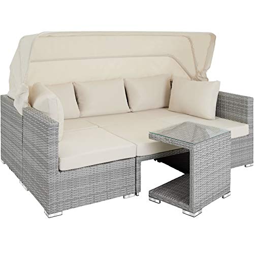 TecTake 800771 Aluminium Poly Rattan Lounge Set, 16-teilig, wetterfest, Garten Sofa mit Sonnendach, Outdoor Sitzgruppe…