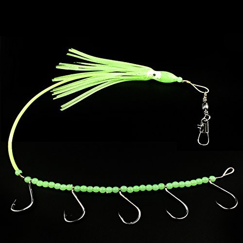 Milepetus 2 pcs Soft Luminous Octopus Squid Skirt Fishing Lures with 5pcs Octopus Hook,Trolling Saltwater Bait Glow in Dark Good for Tuna Marlin