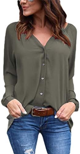 Winwinus Womens Comfy V Neck Button Down Ruched Chiffon Tops Blouse Tunic