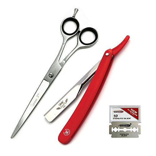Tijeras 7" Haircutting Shears Scissors Set With Barber Razor Shavette Red 10 Dorco Blades Hairstyling shears Combo Kit Cosmetology School Barber Beauty set Serrated Edge Right Handed