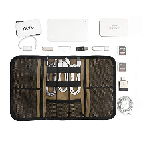 Patu Roll Up Electronics Accessories Travel Gear Organizer Case, Portable Universal External Batteries Hard Drives Cables Cosmetics Kit Bag, Champagne Gold