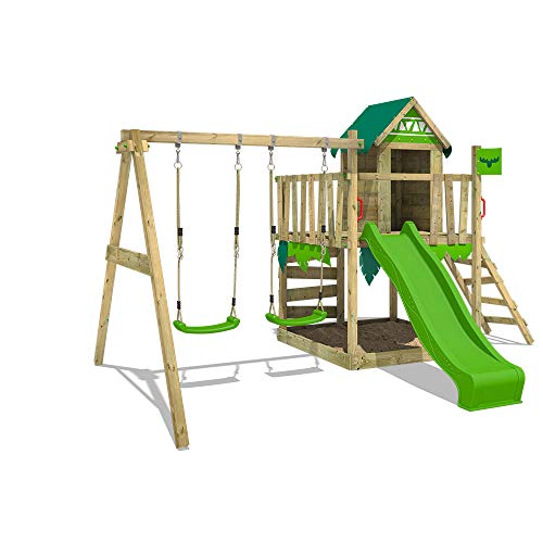 FATMOOSE Spielturm Klettergerüst JazzyJungle Jam XXL mit Schaukel & apfelgrüner Rutsche, Outdoor Kinder Kletterturm mit…