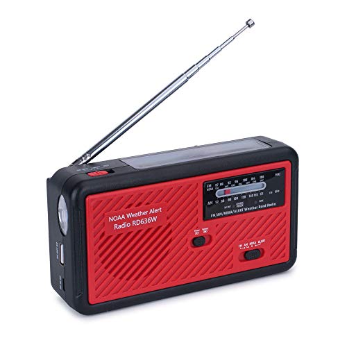 Portable Emergency Solar Weather Radio Hand Crank Self Powered Earthquake AM/FM/NOAA Radios, LED Flashlight, SOS Alarm, Reading Lamp and 1000mAh Power Bank for Emergency Indoor Outdoor (Red & Black)