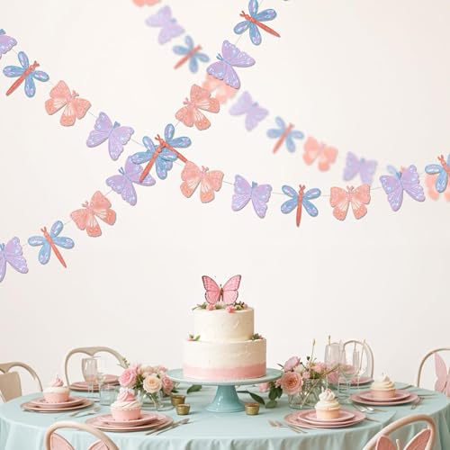 Cheerland Pastel Butterfly Garland Hanging Decorations Spring Party Pastel Dragonfly Banner for Woodland Theme Paper Party Garlands Baby Shower Butterfly Decoration Garden Backdrop Party Supplies