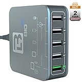 Premium USB Charger for power Multiple iPhone, IPad, Android, Phone. USB Wall Charger 5 Port with one Quick Charge 3.0 USB Port. Multi USB Fast Charging Station
