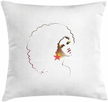 Dick Sidney Afro Throw Pillow Cushion Cover, Vintage Disco Girl with African Style Curly Hair Star Earring with Abstract Halftone, Decorative Square Accent Pillow Case Multicolor