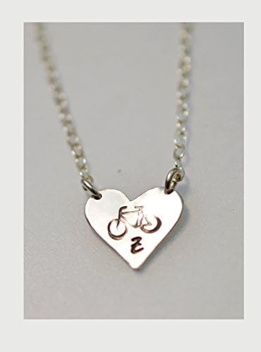 Sweet Heart Necklace with Bicycle Stamp and Initial of the person! Dainty stacking necklace