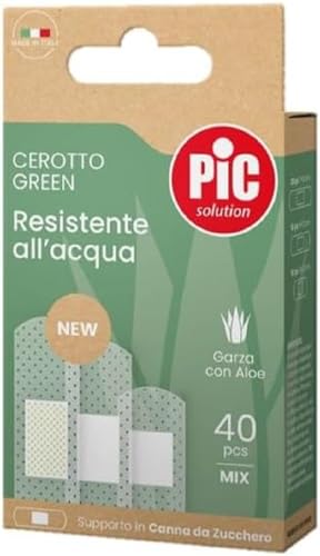 Pic Solution Pansement Green Canne à sucre et Aloe résistant à l'eau, lot de 40 pièces, dimensions 7 x 2 mm, 20 pièces, 6 x 2 mm, 10 pièces, 4 x 2 mm, 10 pièces, 4 x 2 mm