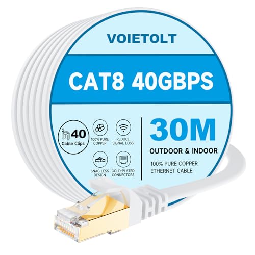 VOIETOLT Cat8 Lan Kabel 30M mit Clips, 40Gbps/2000MHz Flach Schirmung Hochgeschwindigkeit Netzwerkkabel, STP RJ45 Gigabit Cat-8 Ethernet Kabel für PS4