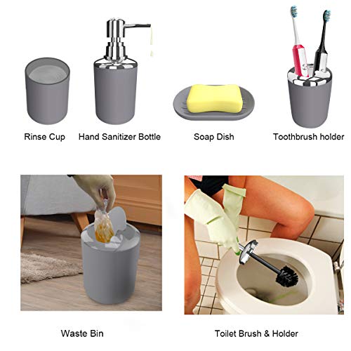 TEKITSFUN Grey Bathroom Accessories Set, 6 Pieces Plastic Gift Bath Accessory Sets Luxury Ensemble Includes Toothbrush Holder,Toothbrush Cup,Soap Dispenser,Soap Dish,Toilet Brush Holder,Trash Can