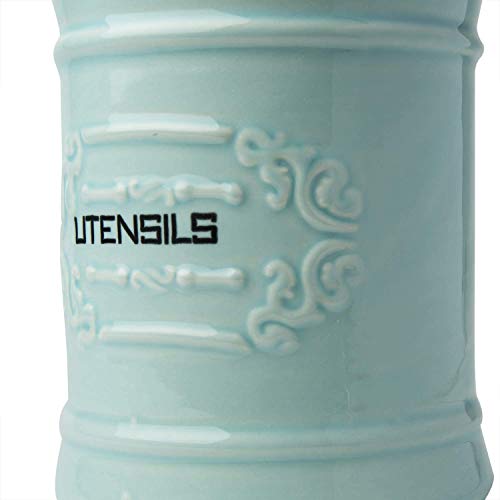 French Blue Ceramic Utensil Holder Vintage Style Kitchen Utensil