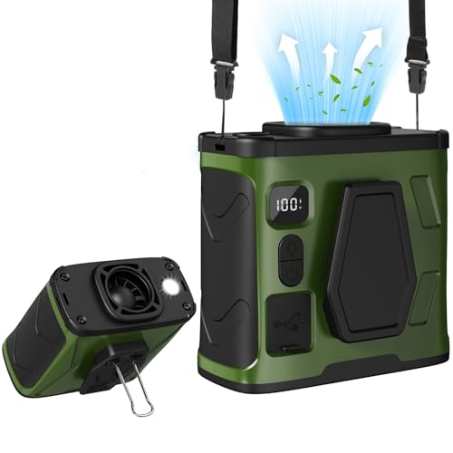 CAMPERFECT Portable Waist Fan Clip On - Rechargeable 10000mAh, 5 Speeds, 16000RPM, Hands-Free Wearable Shirt Fan with LED Light & Power Bank - Great for Outdoor, Camping, Jobsite, Travel (Green)