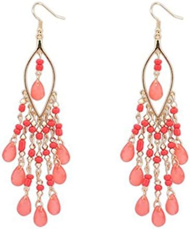 1Pair Women Hot Charm Bohemian Colorful Beads Ear Drops , Prettymenny's Dangle Tassels Earrings (Pink)