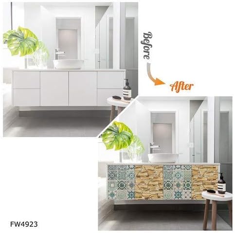 WALPLUS FW4923-COM-WM5110x2/WM5112x2 Green Tiles and Rock Pattern Self-Adhesive Decal Furniture Wrap, Vinyl, Multi-Colour - Image 4