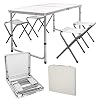 ECD Germany Kampeertafel set met 4 krukken – 120 x 60 x 55/63/70 cm in hoogte verstelbaar – inklapbaar – wit/crème…