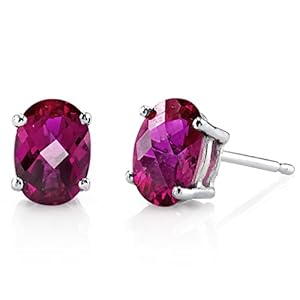 Peora Created Ruby Earrings for Women in 14 Karat White Gold, Classic Solitaire Studs, 7x5mm Oval Shape, 2 Carats total…