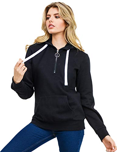 esstive Women's Ultra Soft Fleece Midweight Casual Solid 1/4 Zip-Up Pullover Hoodie Sweatshirt, Black, Small