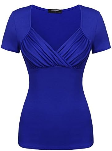 Yisqzjzj Women's Cross-front V Neck Ruched Cap Sleeve Blouse Blue 2XX-Large