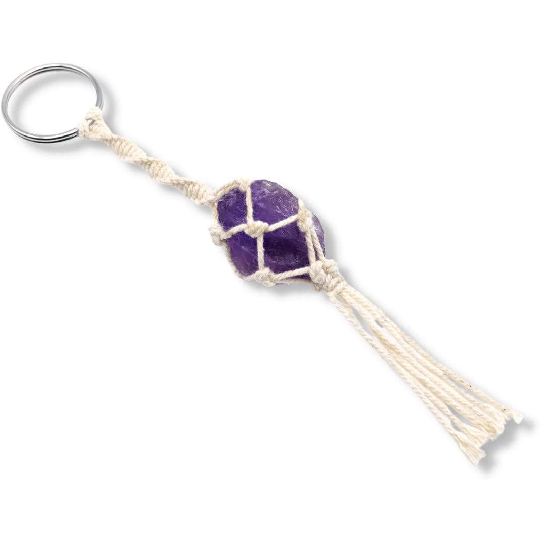 LAVISA Macrame Gemstone Keyring - Boho - Lucky Charm - Crystal - Healing Stone - Natural Stone Pendant - Handmade, Fabric,