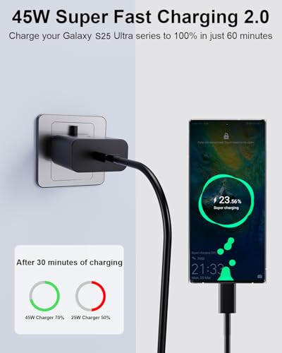 Super Fast Charger USB-C, 2 Pack 45W Fast Charging for Samsung Galaxy S25 Ultra/S25+/S25/S24 Ultra/S24+/S24/S23/S22/S21,A56,A55,A36,A16,Z Fold 6/Flip 6,Tab S10 S9,USB C Plug with 1.8M 5A Type-C Cable
