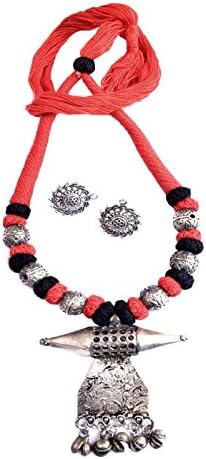 GiftPiper Threaded German Silver Necklace Set with Studs- Black&amp;Orange