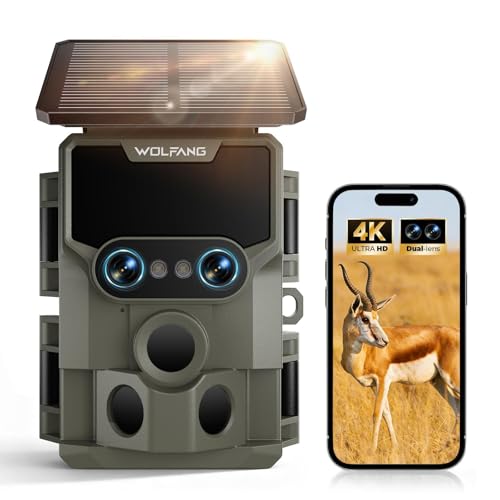 WOLFANG Wildlife Camera, 64MP 4K Dual Lens Solar Trail Camera with 120° Starlight Night Vision Motion Activated, Hunting Camera IP66 Waterproof, 0.1s Trigger Time for Wildlife Recording