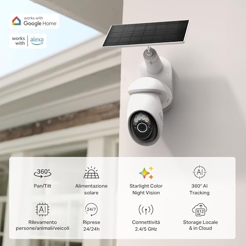 C660 KIT 4K 8MP Telecamera Pannello Solare, 360 ° Visuale, Visione Notturna a Colori Starlight, Batteria 10000mAh, Connettività WiFi 5G/2.4G, Rilevamento AI, IP66, Allarme Rapida e Antifurto