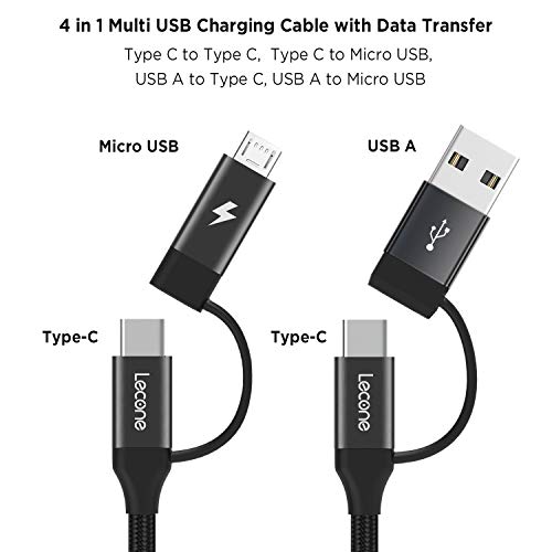 4 in 1 Multi USB Charging Cable with Data Transfer, Lecone 1.2m/ 4FT Nylon Braided Cord Charger Adapter with USB C x2/Micro USB/USB Ports for Android and Type C Devices[Black] - Thumbnail 2