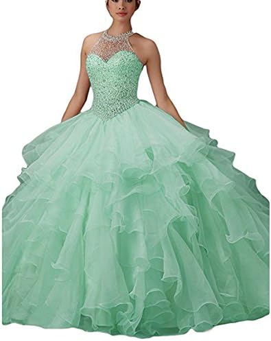 WHZZ Womens Ball Gown Ruffles Beaded Prom Gowns Halter Quinceanera Sweet 16 Dresses For Teens Long